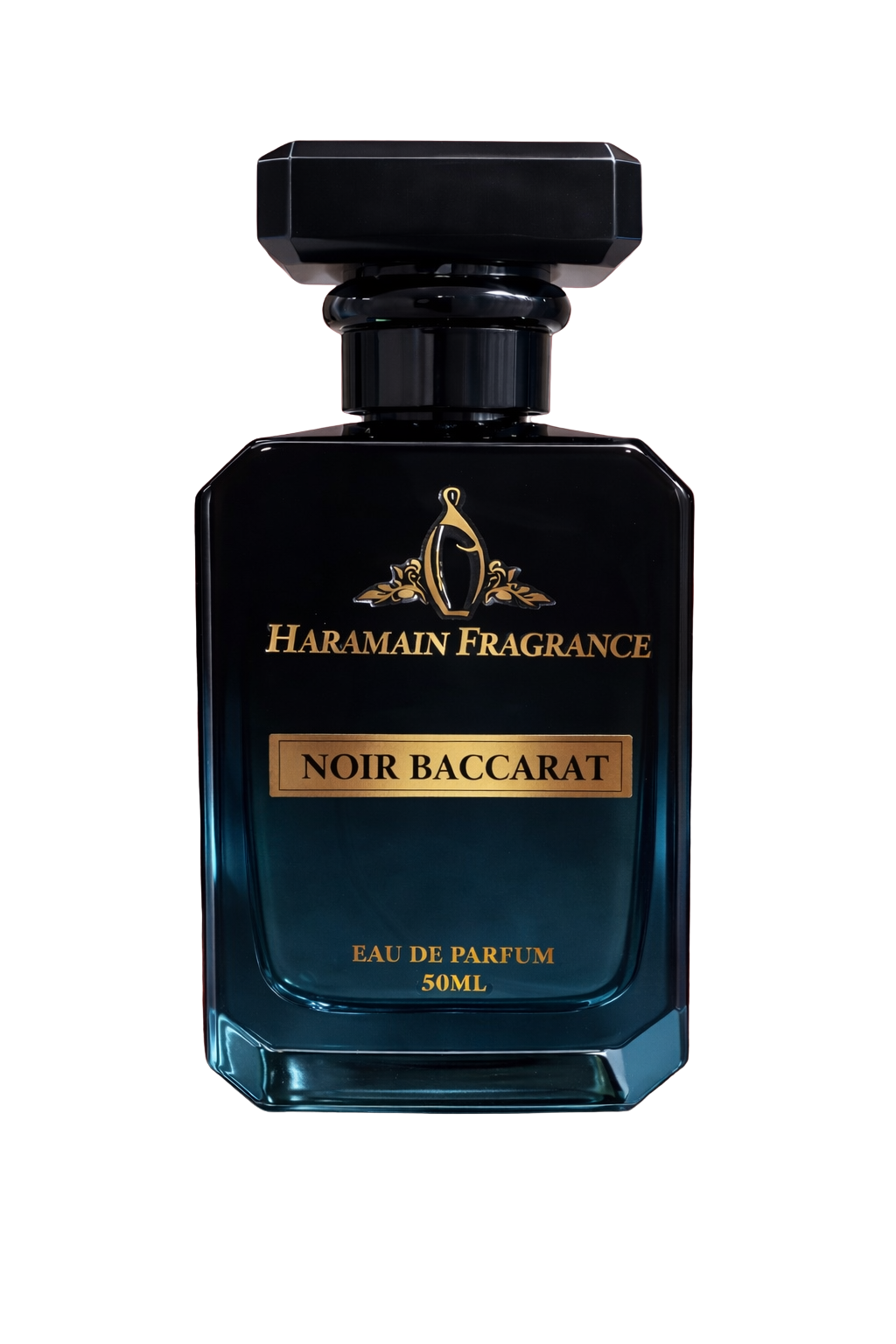 “Noir Baccarat perfume bottle – Haramain Fragrance inspired by Baccarat Rouge 540, luxury black and gold design”